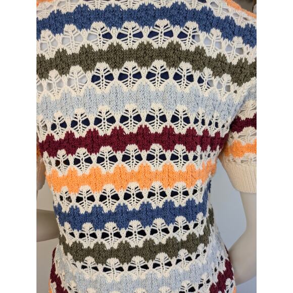 Cato Crochet Sweater Medium Multicolor Stripe Cotton Open Knit Short Sleeve Boho - Picture 6 of 9